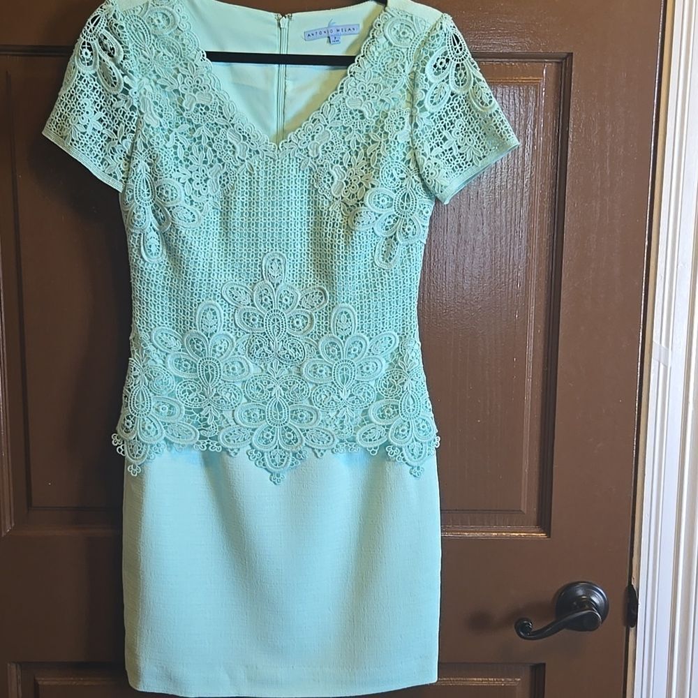 Antonio Melani-Mint green short sleeved crochet top V neck dress Sz 2.